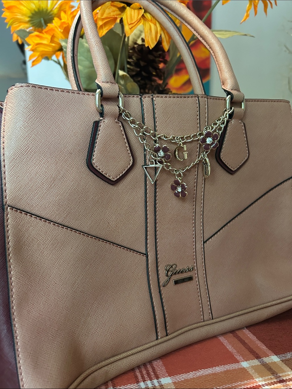 Guess Blush Pink and Eggplant Satchel with Charm Chain
